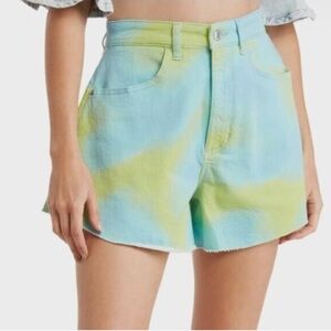 WE WORE WHAT Women's 28 Flare Bell Shorts Frayed Raw Hem Festival Tie Dye Denim
